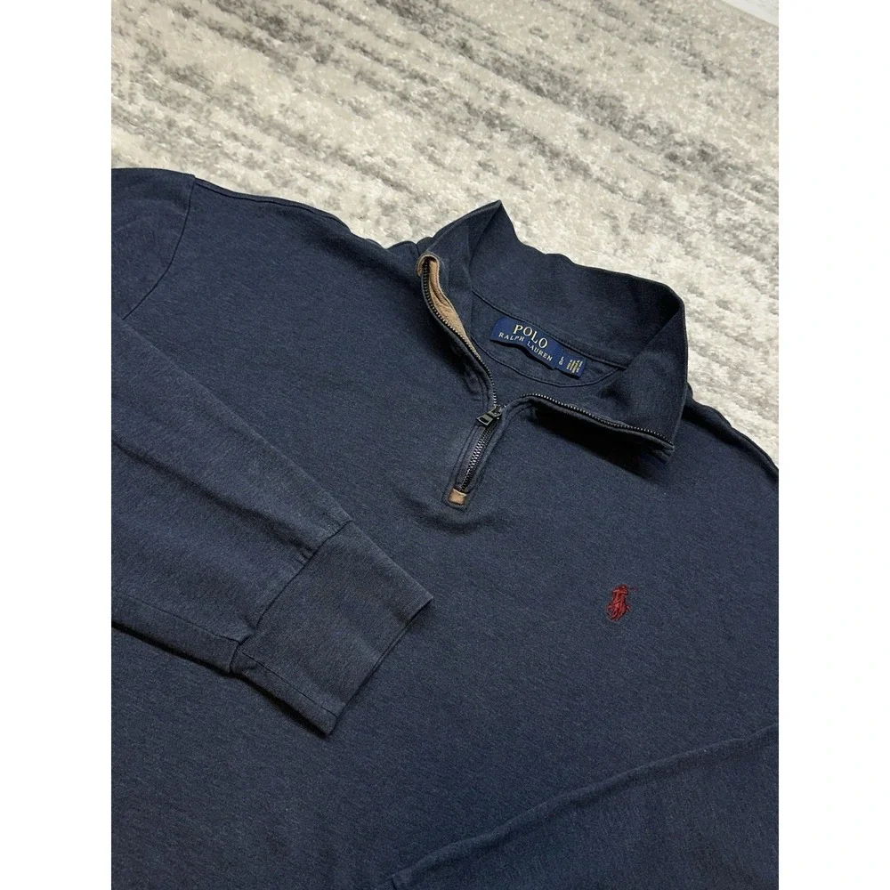 Polo Ralph Lauren Mens Sweater Size Medium Large Navy‎ Suede 1/4 Zip Tennis Pony